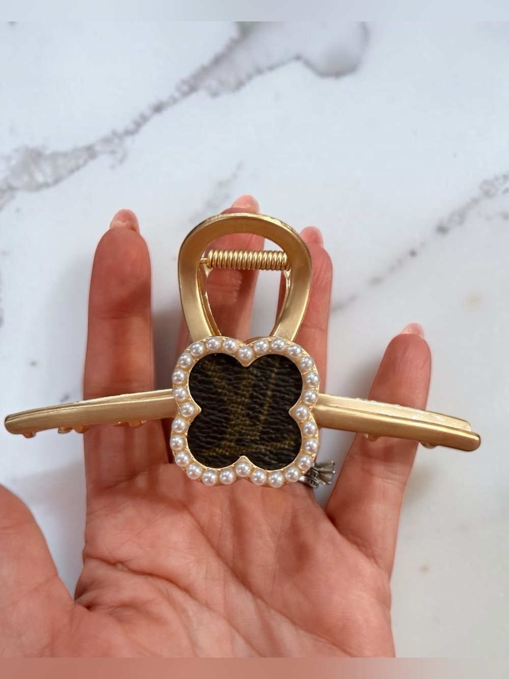 Handmade Hair Claw Clip Upcycled Louis Vuitton Monogram Pearl Clover Gold